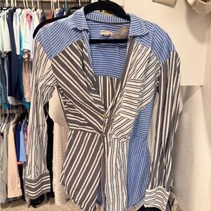 Women’s Striped Patchwork Button-Up Shirt - Blue, White, Gray XXS